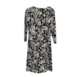 Lauren Ralph Lauren Sz 8 Black and White Ikat Floral Faux Wrap Dress Long Sleeve